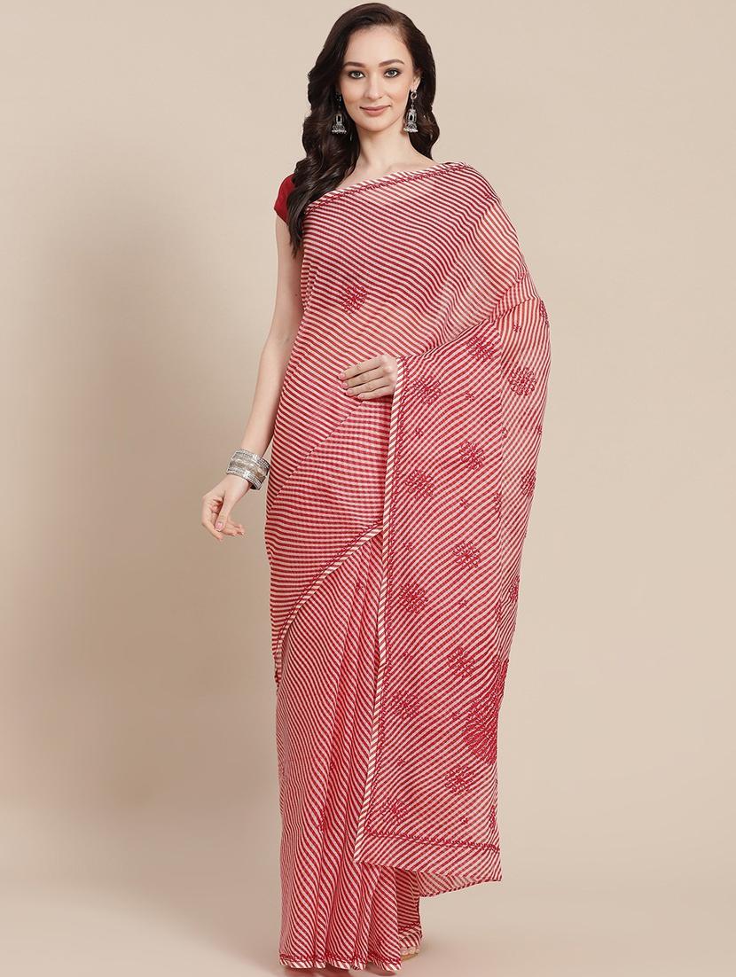 ada hand-embroidered red kota leheriya saree with chikankari work with blouse - 18524409 - Zoom Image - 0