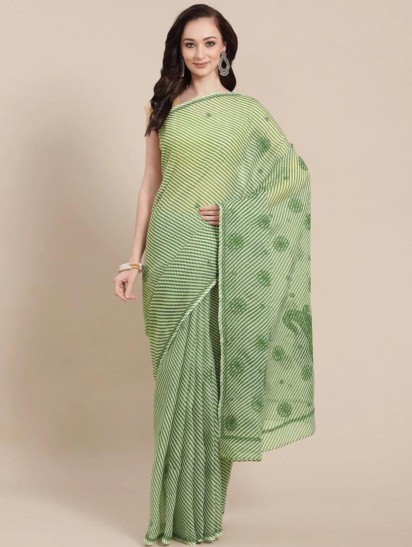 ada hand-embroidered green kota leheriya saree with chikankari work with blouse - 18524410 -  Zoom Image - 0