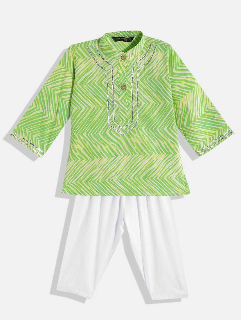 boys green printed kurta pyjama set