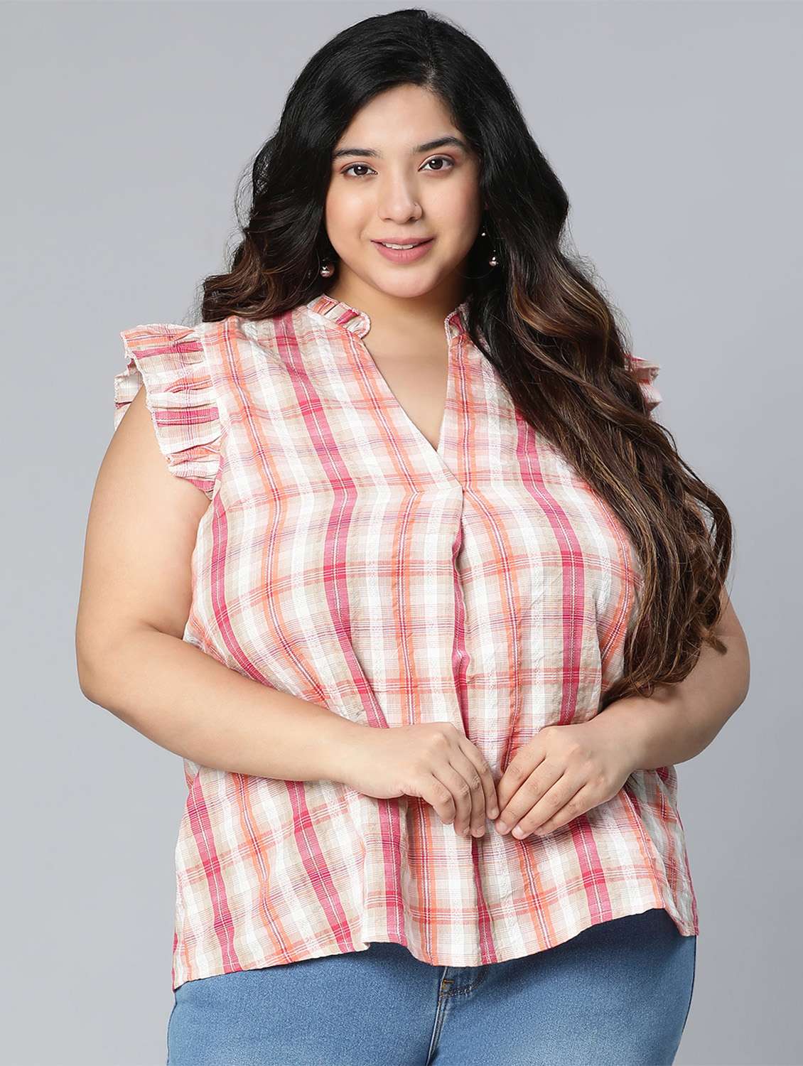 ruffled sleeved checkered plus top