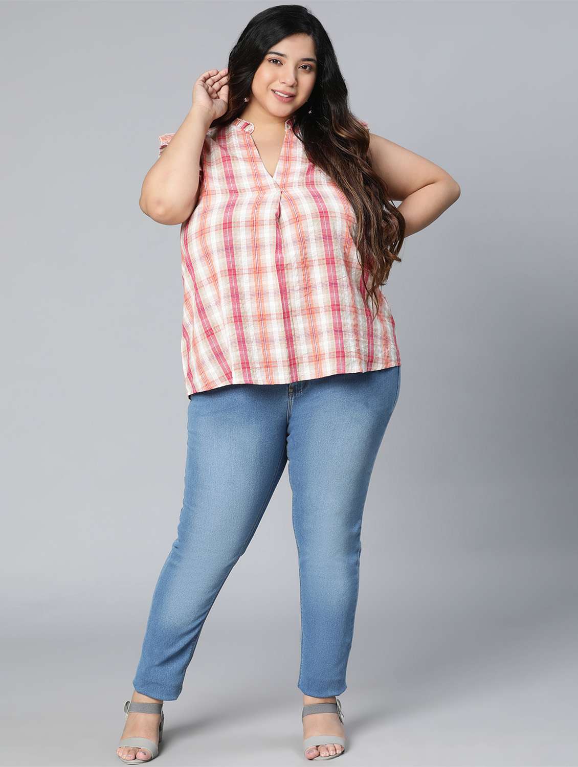 ruffled sleeved checkered plus top - 18524594 - Standard Image - 3