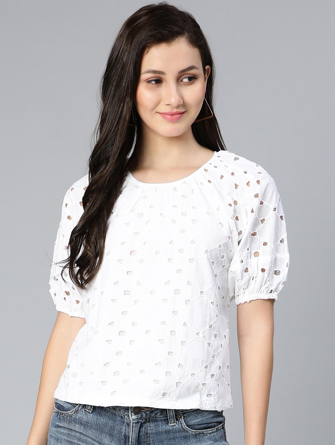 round neck schiffli work regular top - 18524612 -  Zoom Image - 0