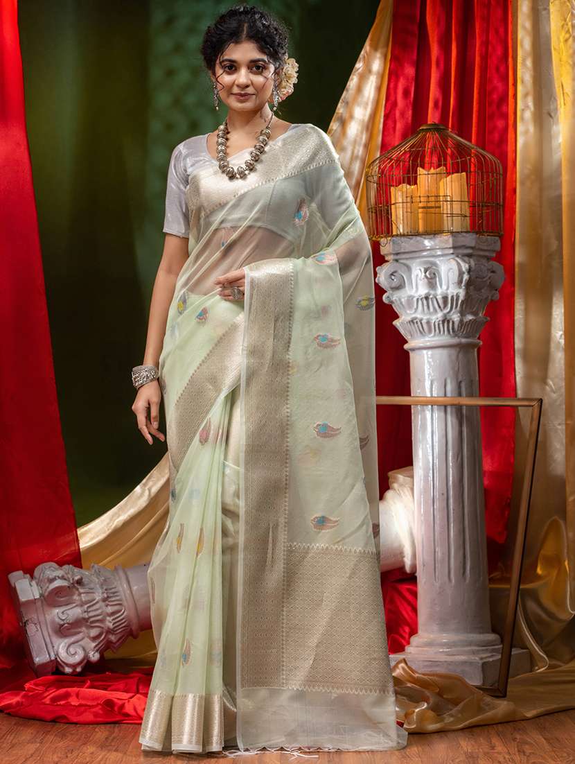 self design zari work woven saree with blouse