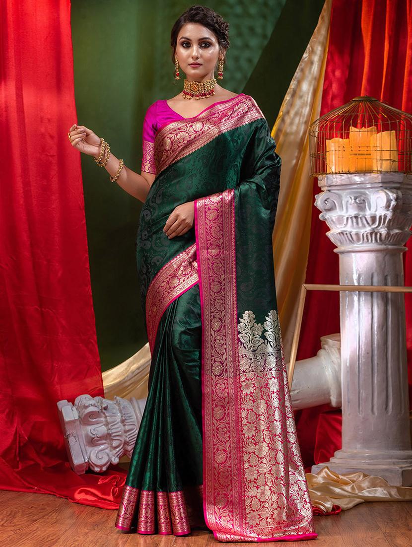 women's self design dark green colored saree with blouse