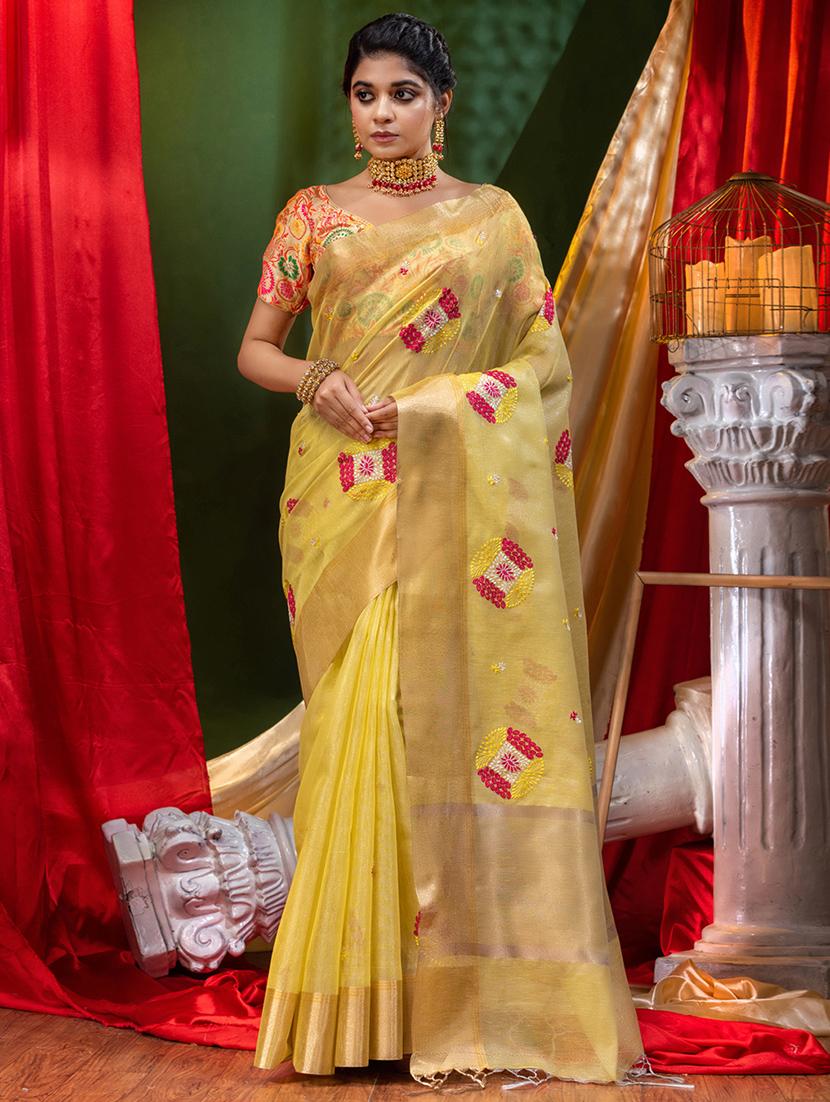 women's solid with work gold colored saree with blouse