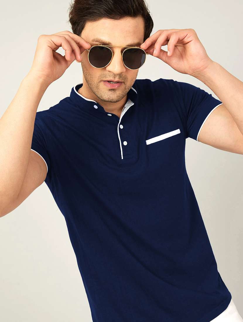 mandarin neck contrast detailed t-shirt