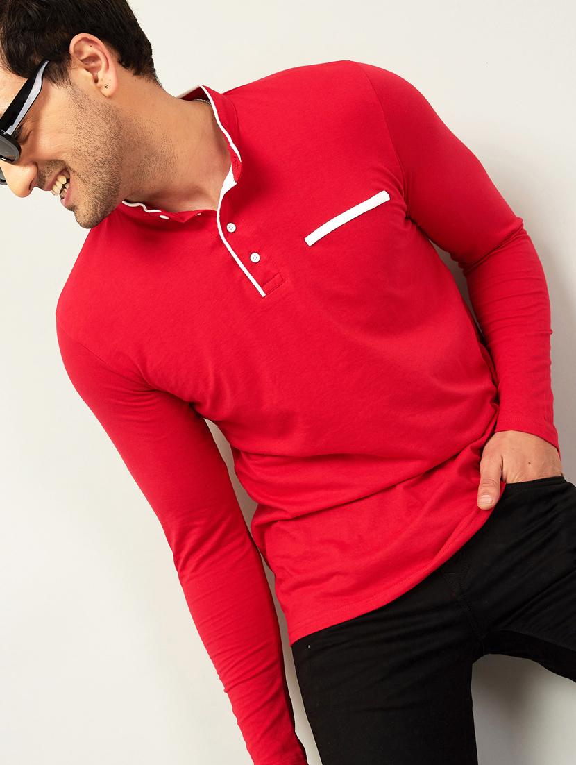 mandarin neck contrast detailed t-shirt - 18528778 - Zoom Image - 0