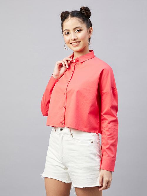 full sleeve solid drop shoulder crop shirt - 18529540 -  Standard Image - 0