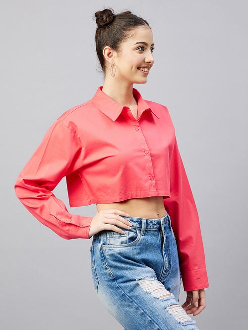 full sleeve solid crop shirt - 18529544 -  Standard Image - 0