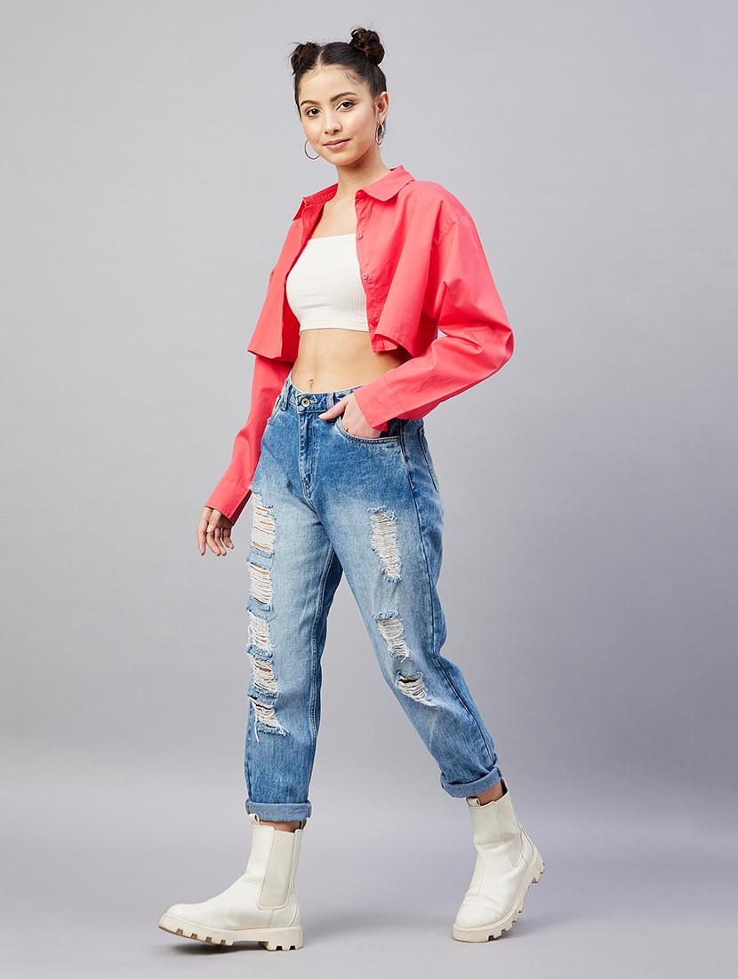 full sleeve solid crop shirt - 18529544 - Standard Image - 3