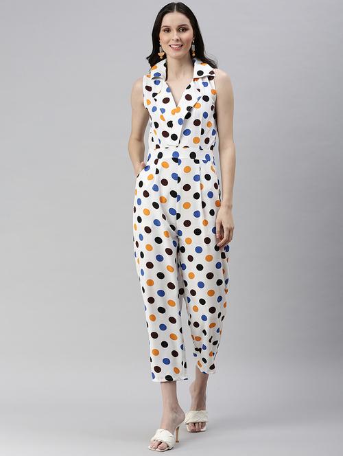 lapel neck polka dot full leg jumpsuit - 18531263 - Standard Image - 0