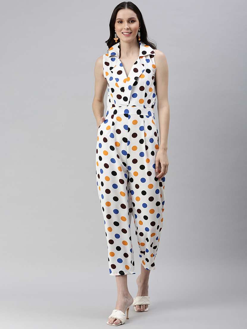 lapel neck polka dot full leg jumpsuit - 18531263 - Zoom Image - 0