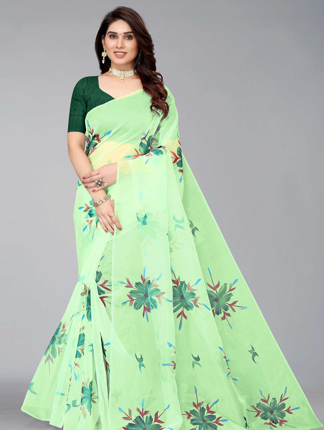 women's block print green colored saree with blouse