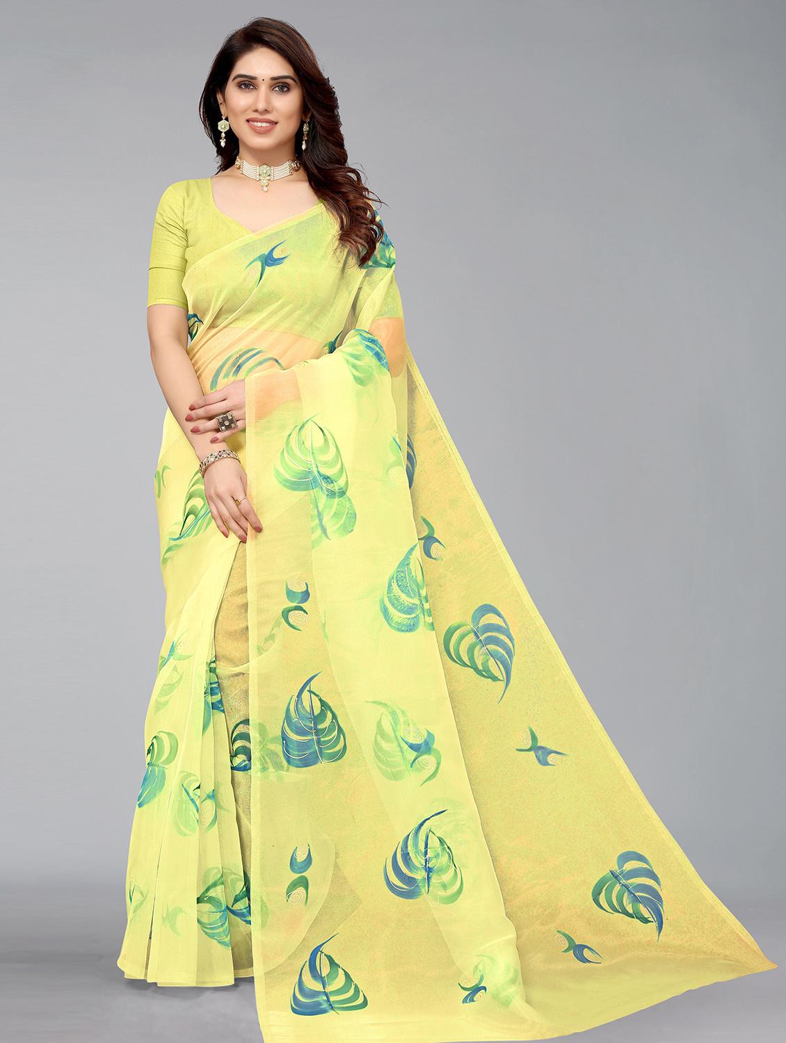 women's printed yellow colored saree with blouse