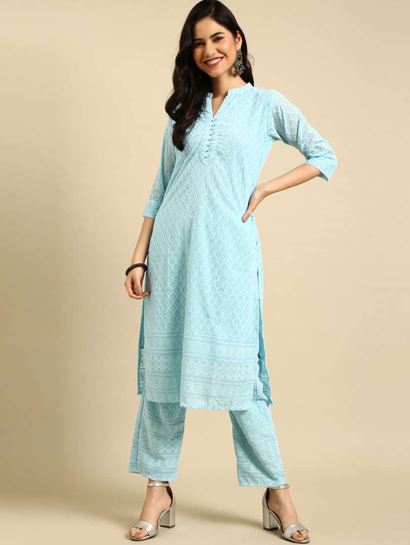 women light blue embroidered kurta pant set