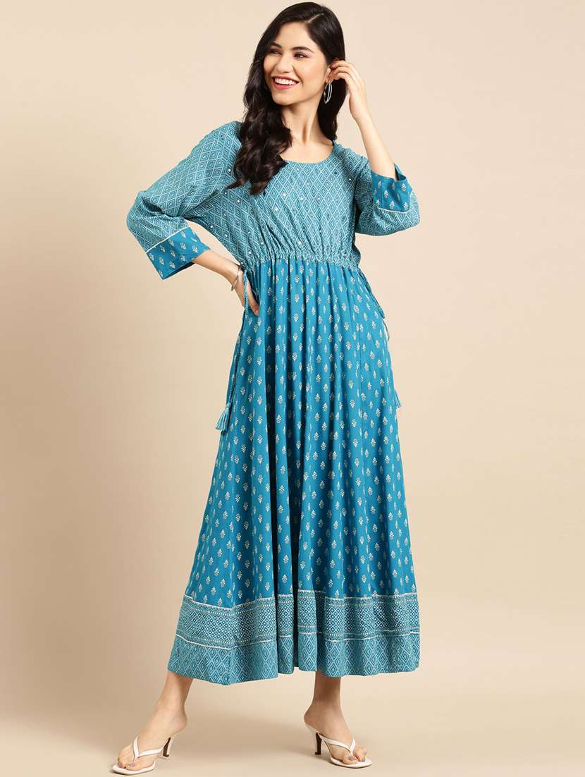 mirror work printed flared ethnic dress - 18532079 -  Zoom Image - 0