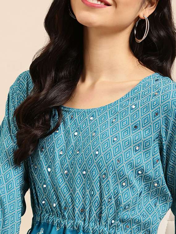 mirror work printed flared ethnic dress - 18532079 - Standard Image - 3