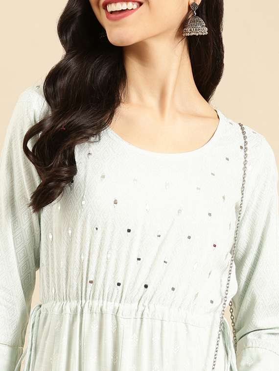 mirror work printed flared ethnic dress - 18532080 - Standard Image - 3