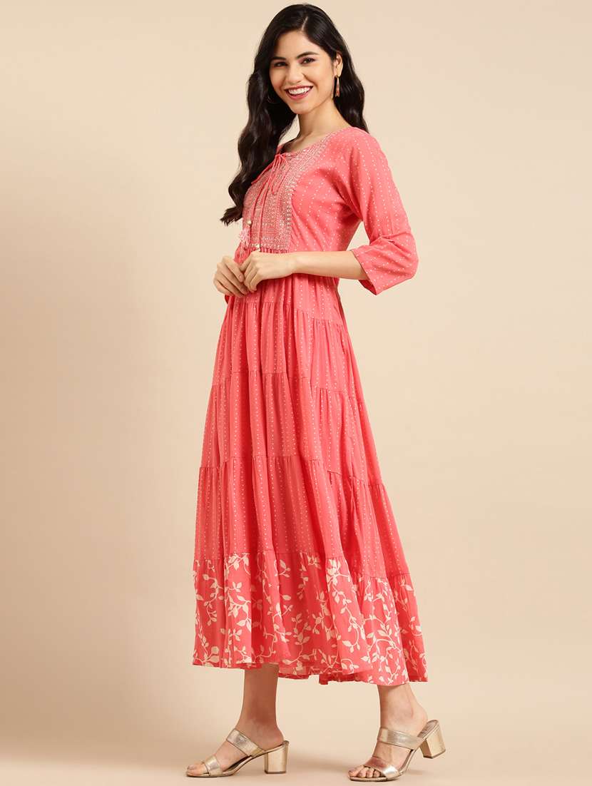 peach printed tiered ethnic dress