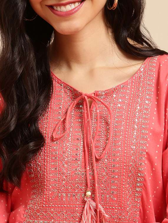 peach printed tiered ethnic dress - 18532083 -  Standard Image - 3