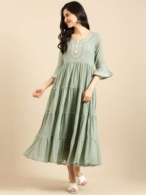 yoke embroidered tiered ethnic dress - 18532104 - Standard Image - 0