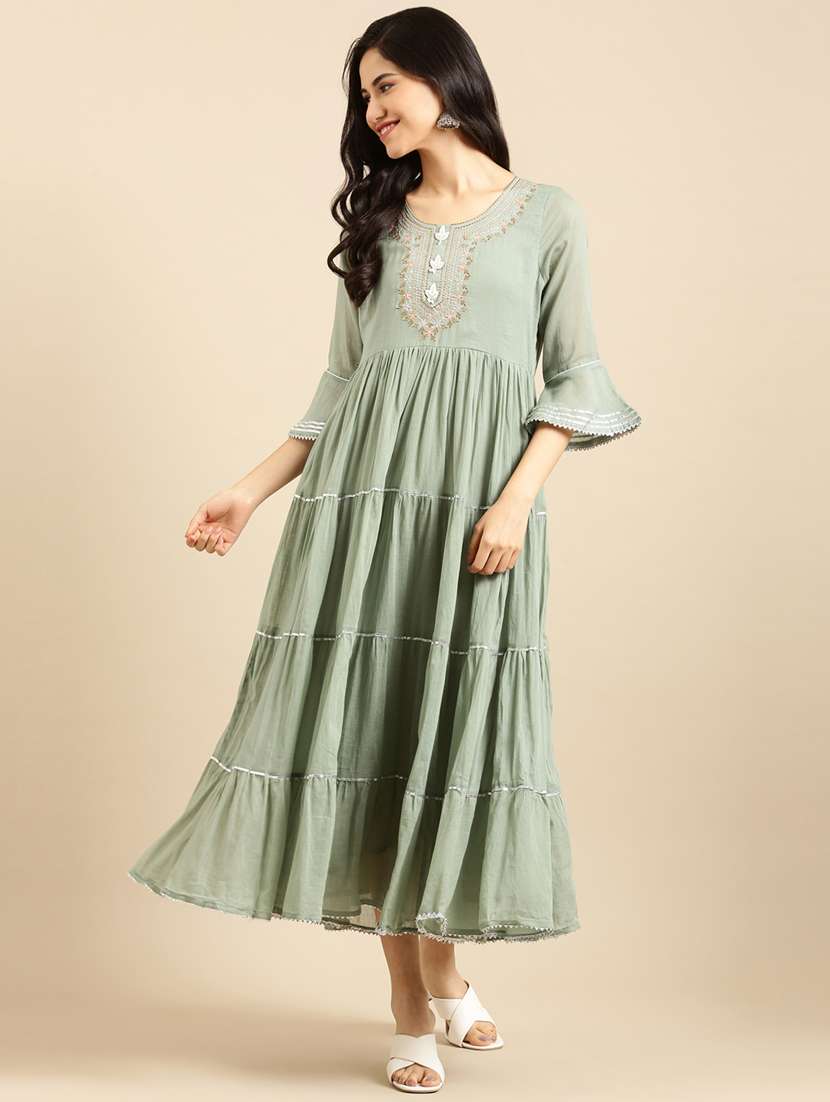 yoke embroidered tiered ethnic dress - 18532104 - Zoom Image - 0