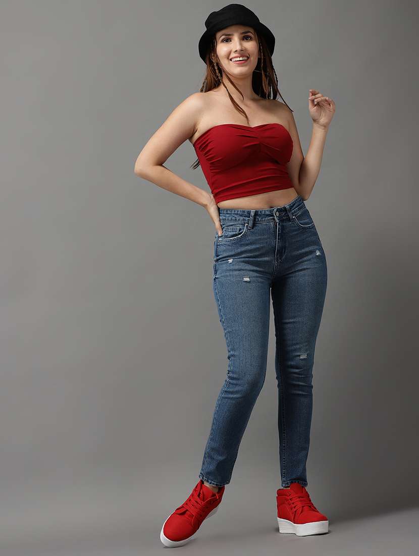 maroon solid crop tube top - 18532221 -  Standard Image - 3