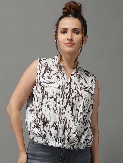 women's white printed v neck top - 18532272 - Standard Image - 0