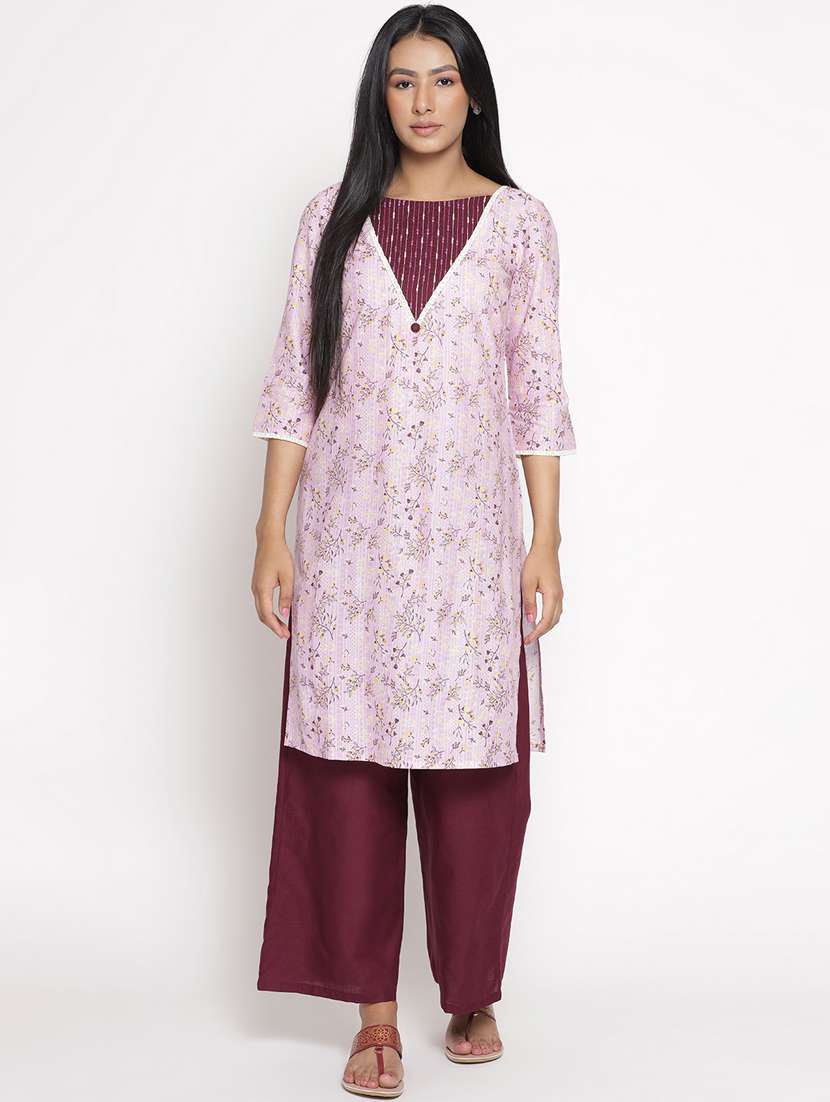 embroidered yoke floral print kurta palazzo set