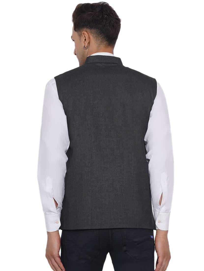 grey solid nehru jacket - 18532894 -  Standard Image - 3