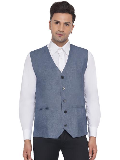 men blue solid v neck waist coat - 18532898 - Standard Image - 0