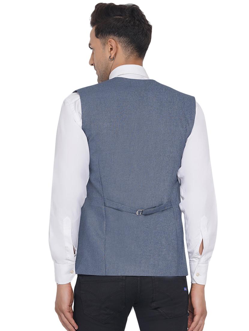 men blue solid v neck waist coat - 18532898 - Standard Image - 3