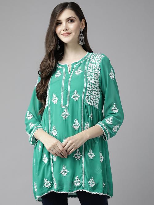 ada hand-embroidered sea green georgette a-line kurti with chikankari work - 18533902 -  Standard Image - 0