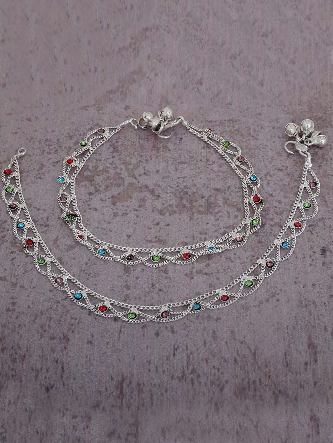 silver plated multi color stoned anklet 