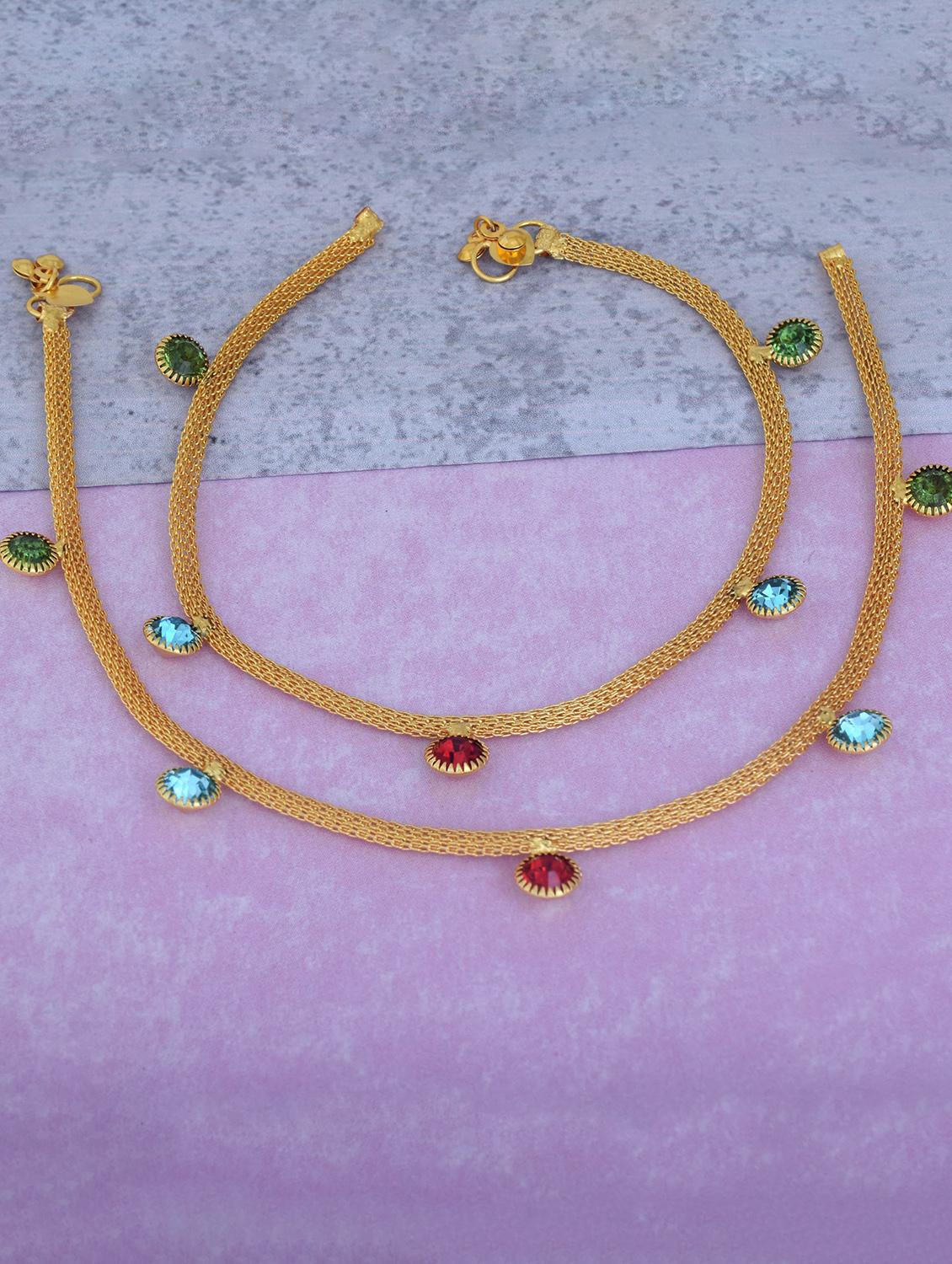 gold plated brass anklet with studded stones  - 18534059 -  Zoom Image - 0