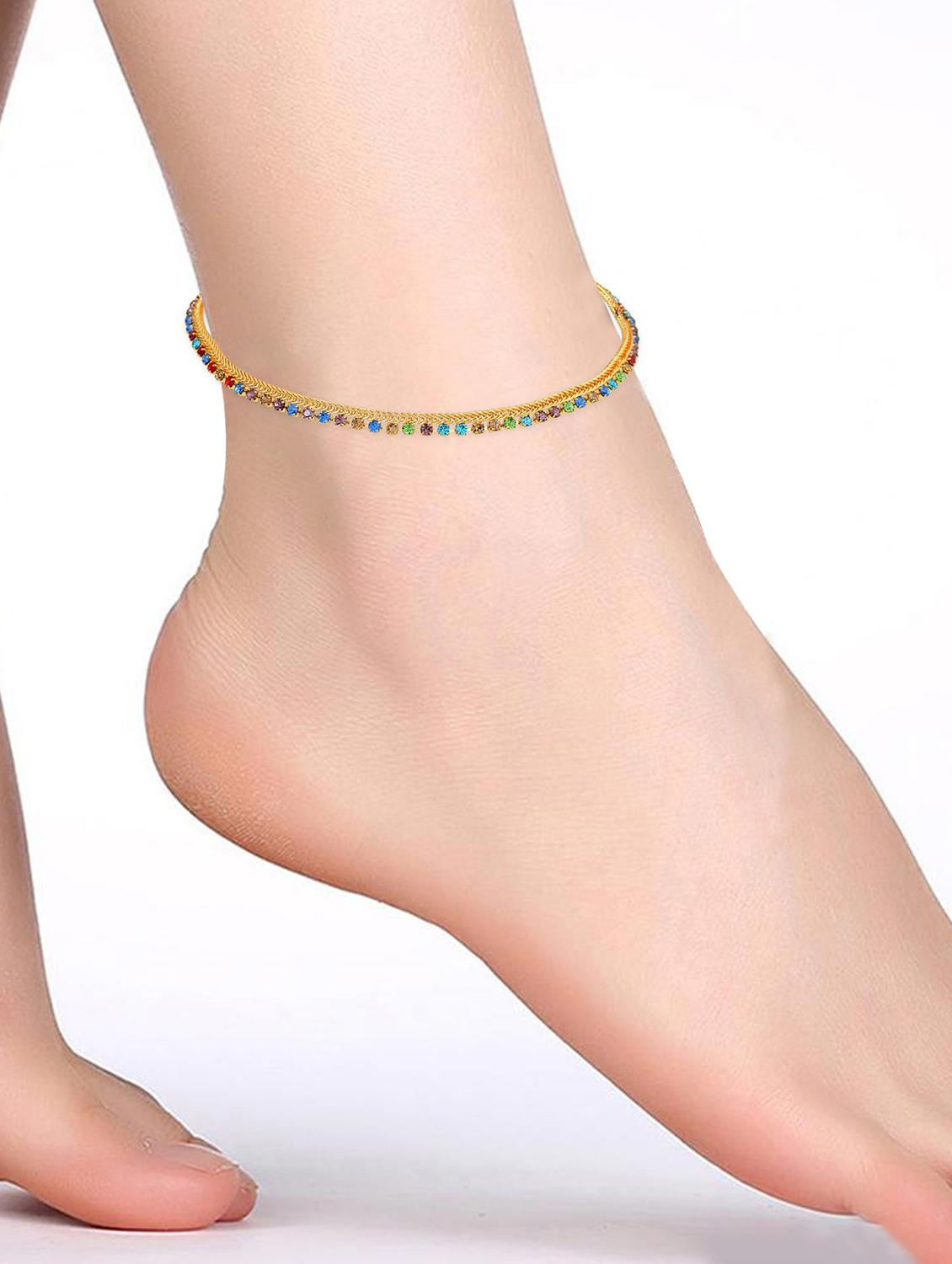 gold plated brass anklet with studded stones - 18534117 - Standard Image - 3