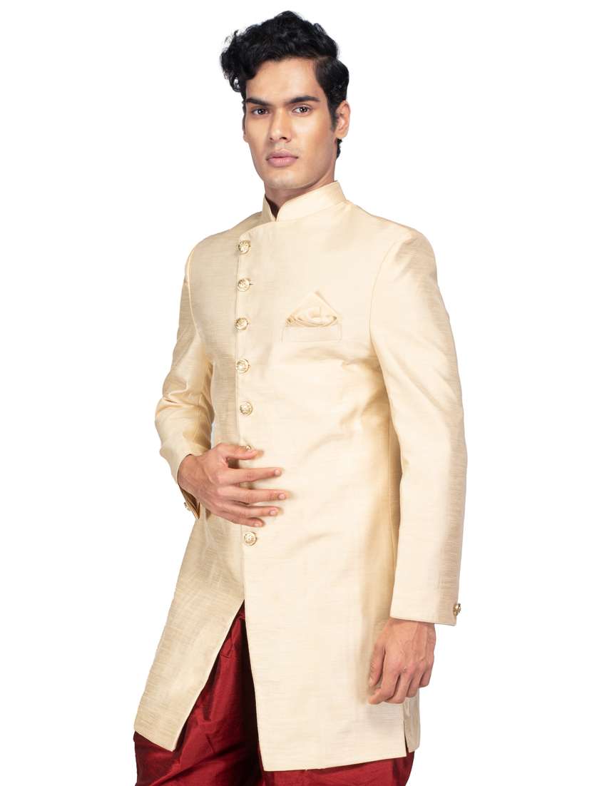 solid silk blend ethnic wear sherwani set - 18537589 - Zoom Image - 0