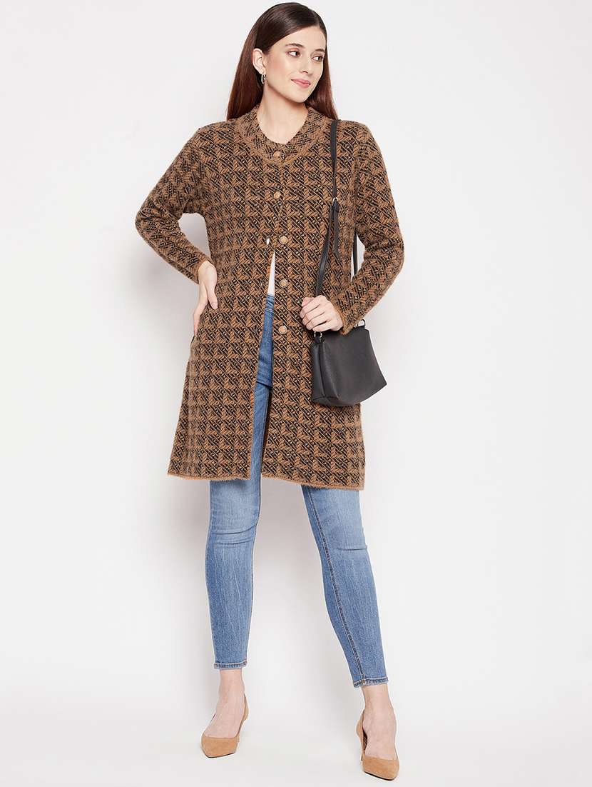 round neck self design long cardigan - 18539468 -  Standard Image - 3