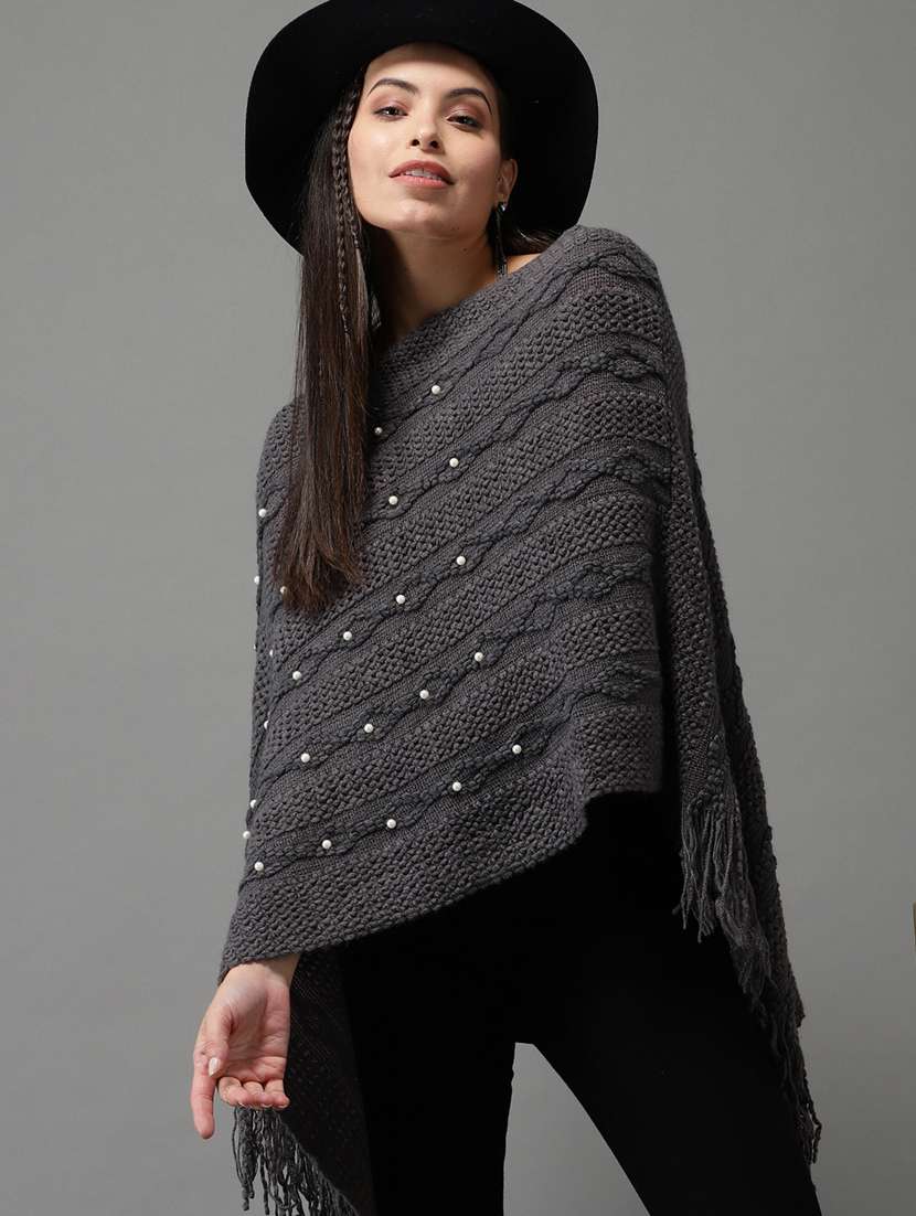 Buy online Pearl Embellished Wool Poncho from winter wear for