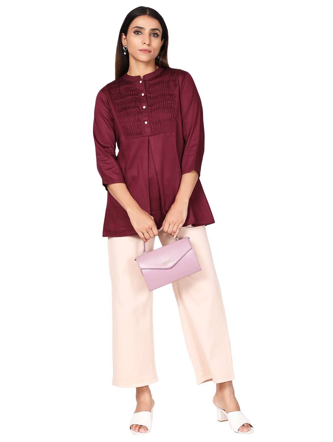 mandarin neck solid tunic - 18560058 - Standard Image - 3