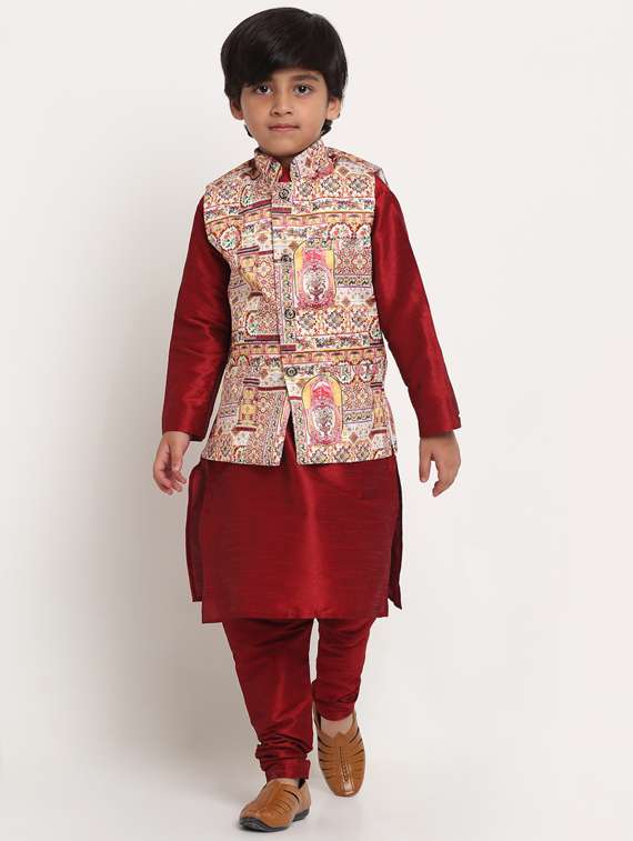 boys maroon solid kurta pajama set with printed jacket