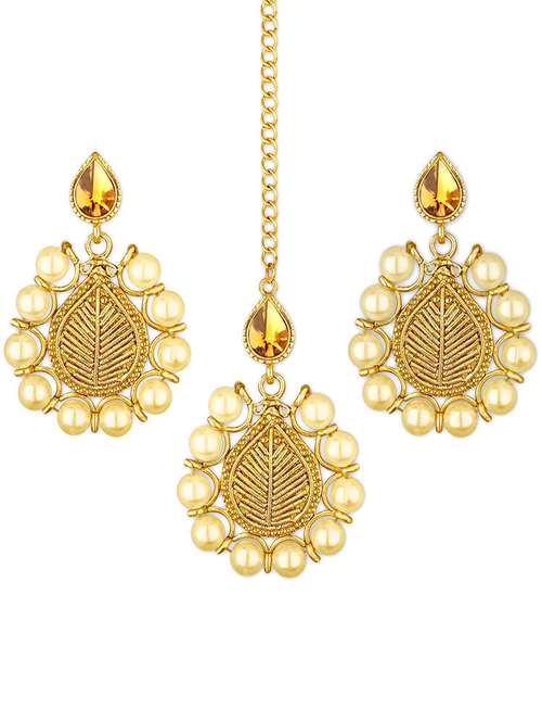 gold plated earring maang tikka set - 18566794 -  Standard Image - 0