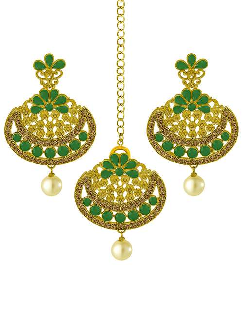 gold plated earring maang tikka set - 18566797 -  Standard Image - 0
