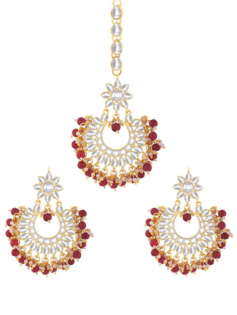gold plated earring maang tikka set - 18566800 - Standard Image - 3
