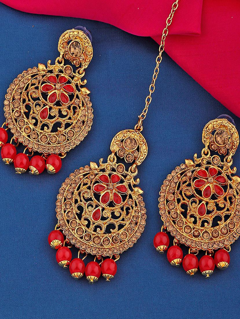 gold plated earring maang tikka set - 18566802 -  Zoom Image - 0