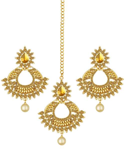 gold plated maangtikka and earring set  - 18567631 -  Standard Image - 0
