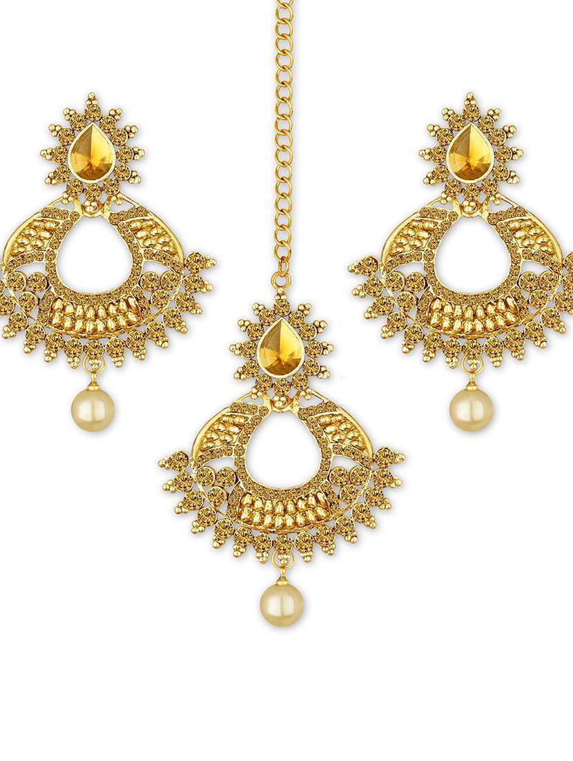 gold plated maangtikka and earring set  - 18567631 -  Standard Image - 3