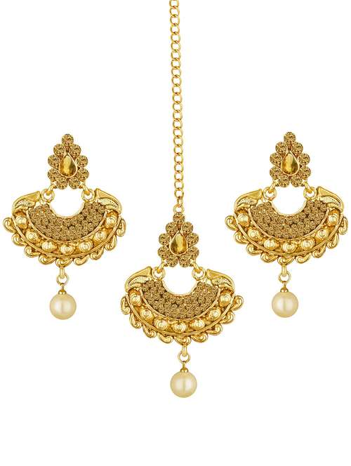 gold plated 1 maangtikka, 2 earring set - 18567633 - Standard Image - 0