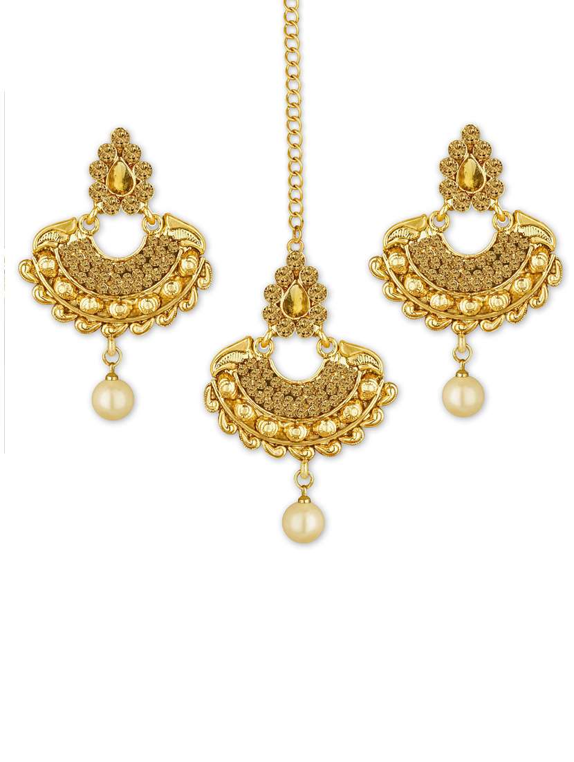 gold plated 1 maangtikka, 2 earring set - 18567633 - Standard Image - 3