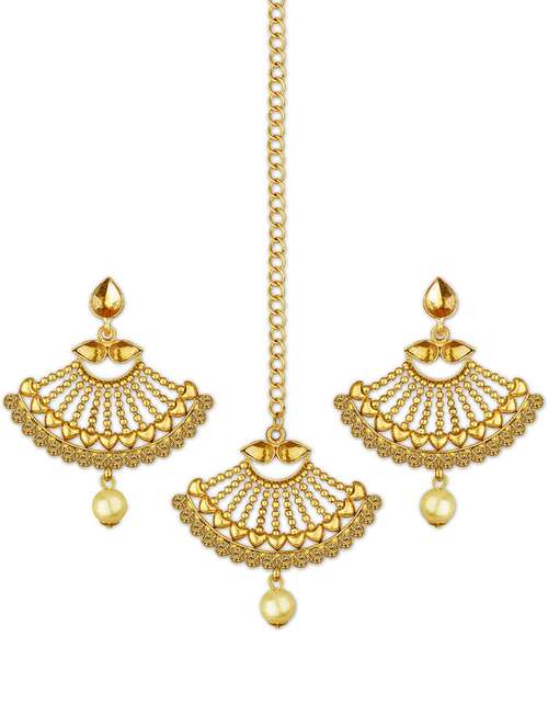 gold plated 1 maangtikka, 2 earring set - 18567634 - Standard Image - 0